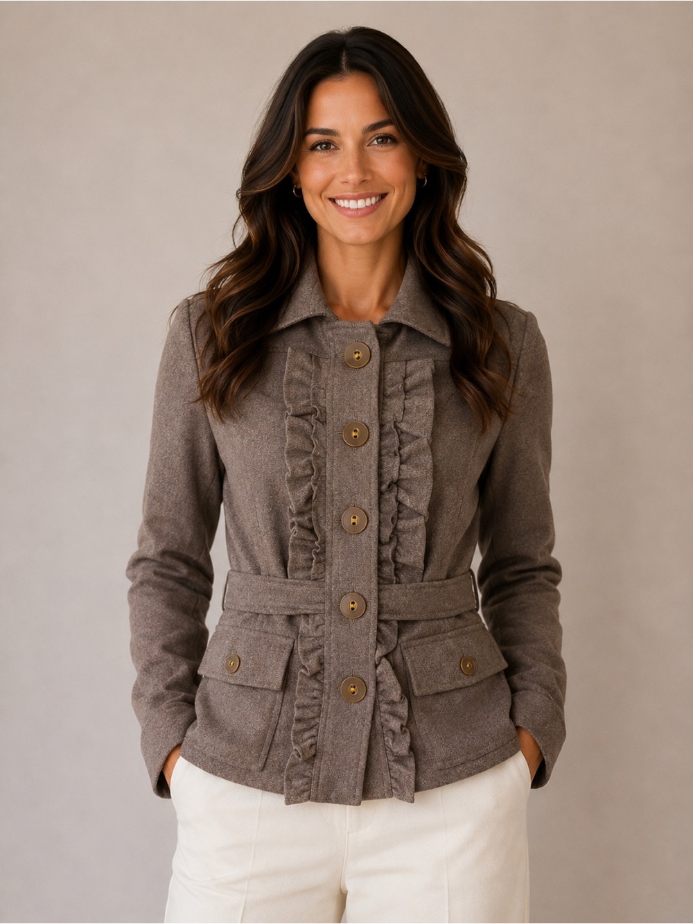 Tabitha Taupe Ruffle-Belted Pea Coat